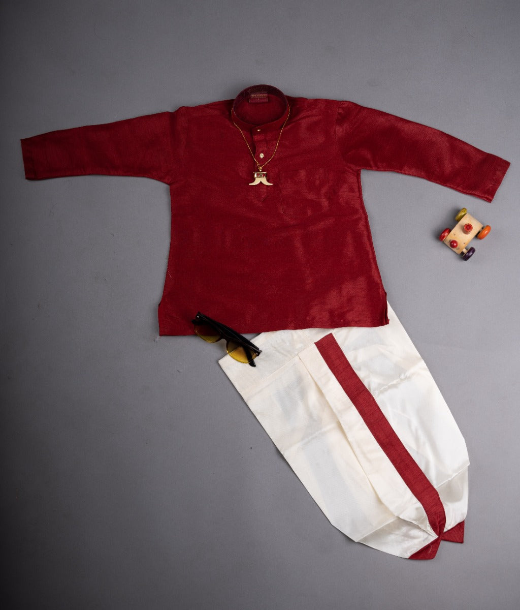 Kutty Raja Kids Red Kurta and Off White Dhoti with Chain and Glasses for Boys