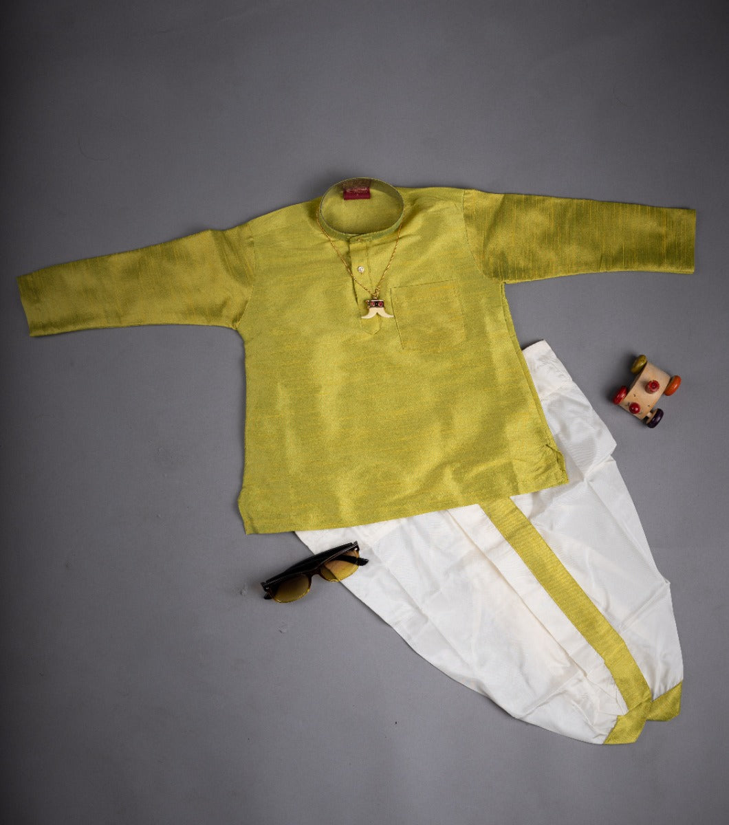 Kutty Raja Kids Lime Green Kurta and Off White Dhoti with Chain and Glasses for Boys