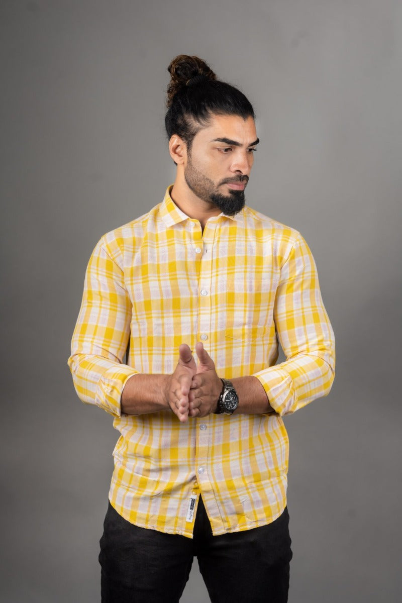 Huginn and Muninn Yellow Cotton Checkered Full Sleeves Shirt