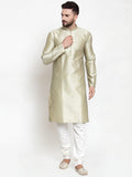 Jompers Men Beige and White Self Designed Straight Silk Kurta with Churidar Pants