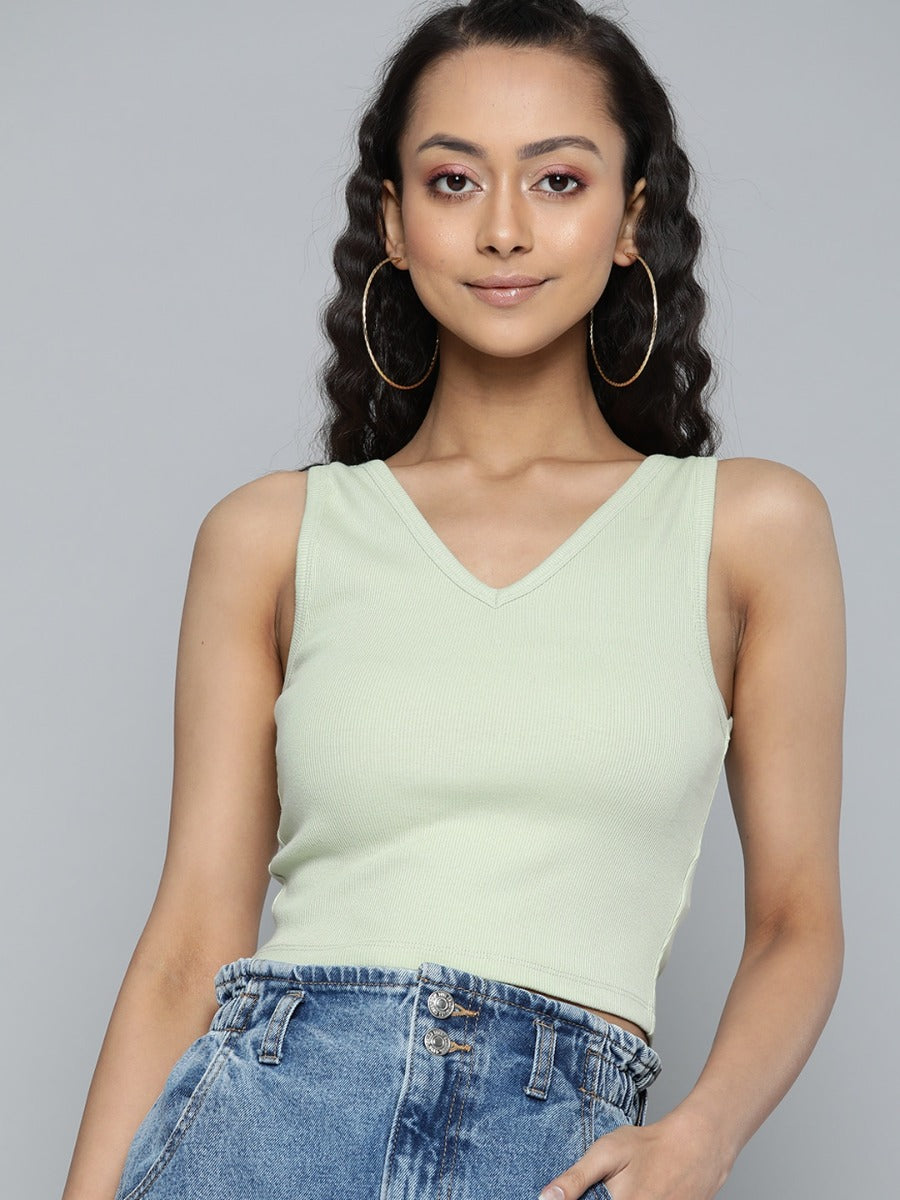 Uniqstop Green Solid Fitted Sleeveless Crop Tops for Women