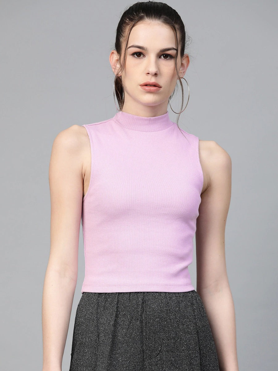 Uniqstop Lavender Solid Fitted Crop Top for Women
