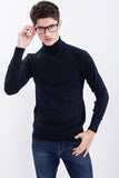 Snitch Navy Solid Rib-Knit Turtle Neck Sweater