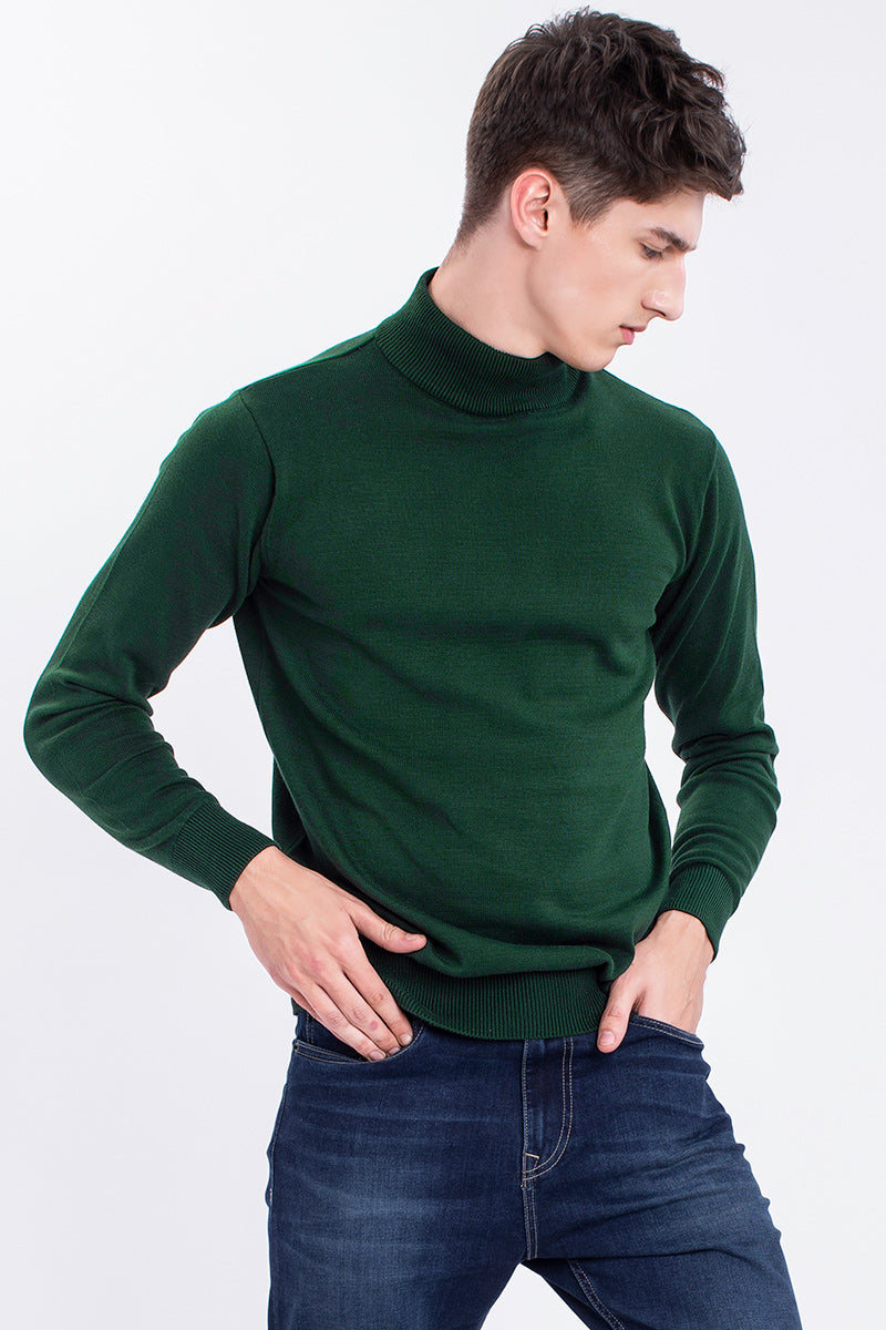 Snitch Green Solid Rib-Knit Turtle Neck Sweater