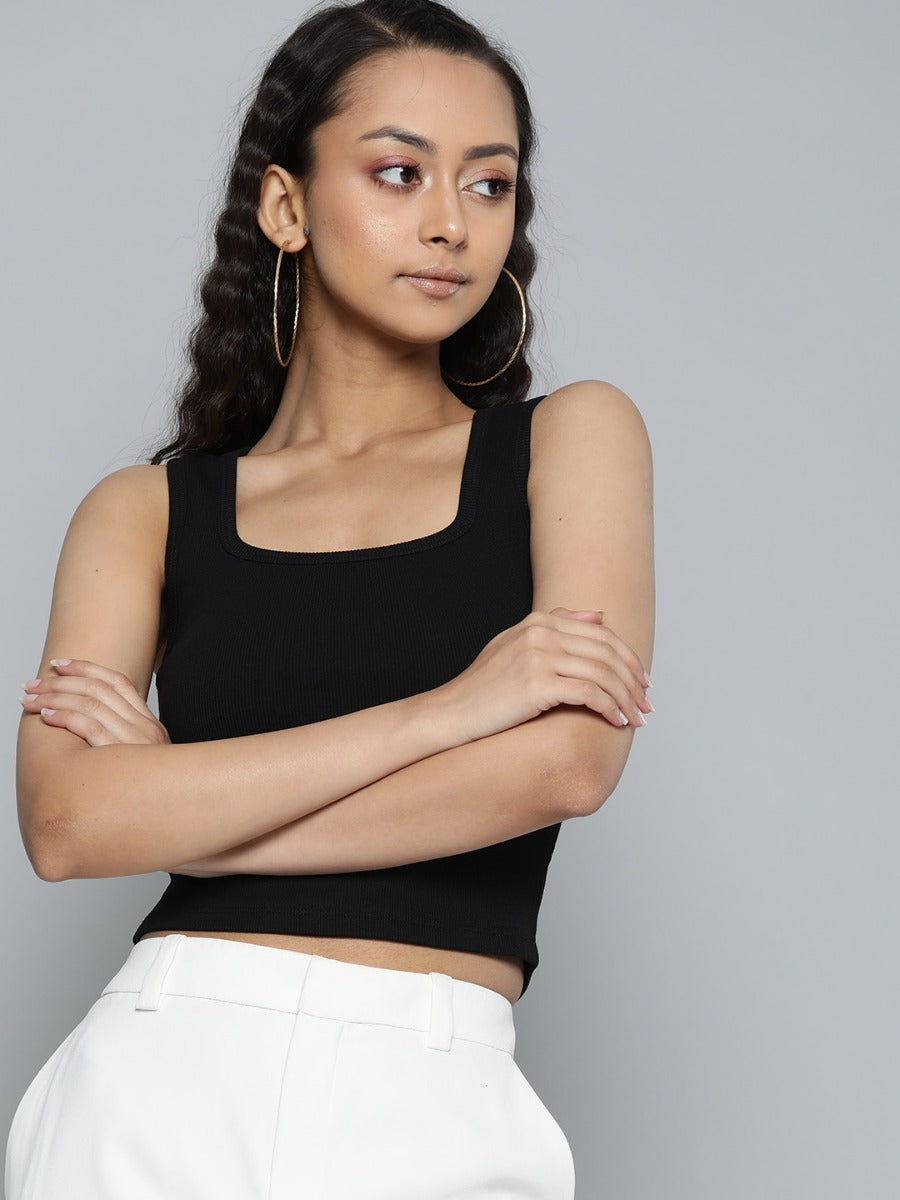 Uniqstop Black Solid Fitted Crop Top for Women
