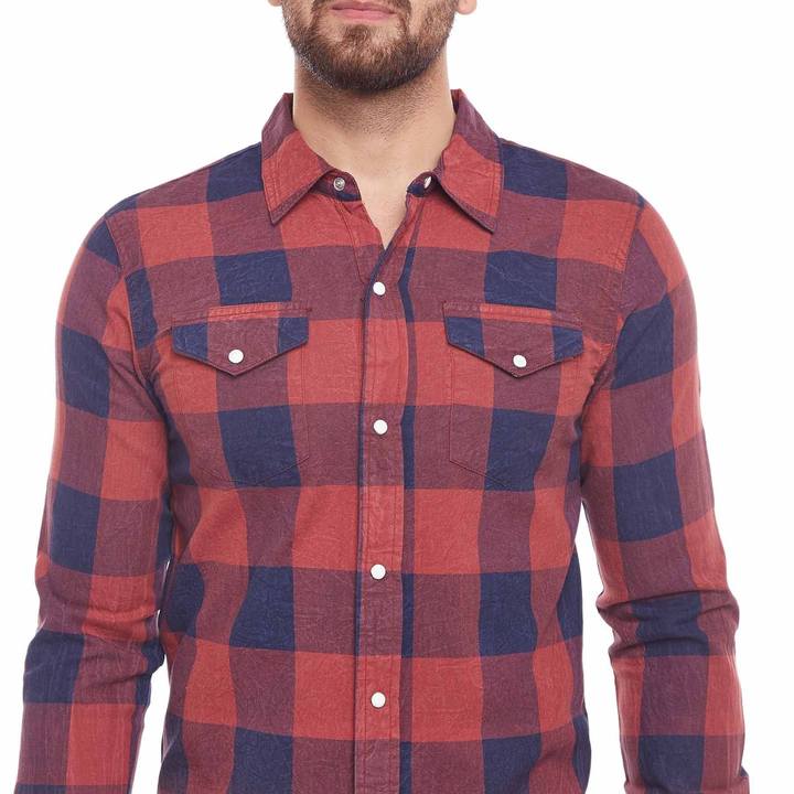 Fugazee Men Red Amber Washed Checked Slim Fit Shirt