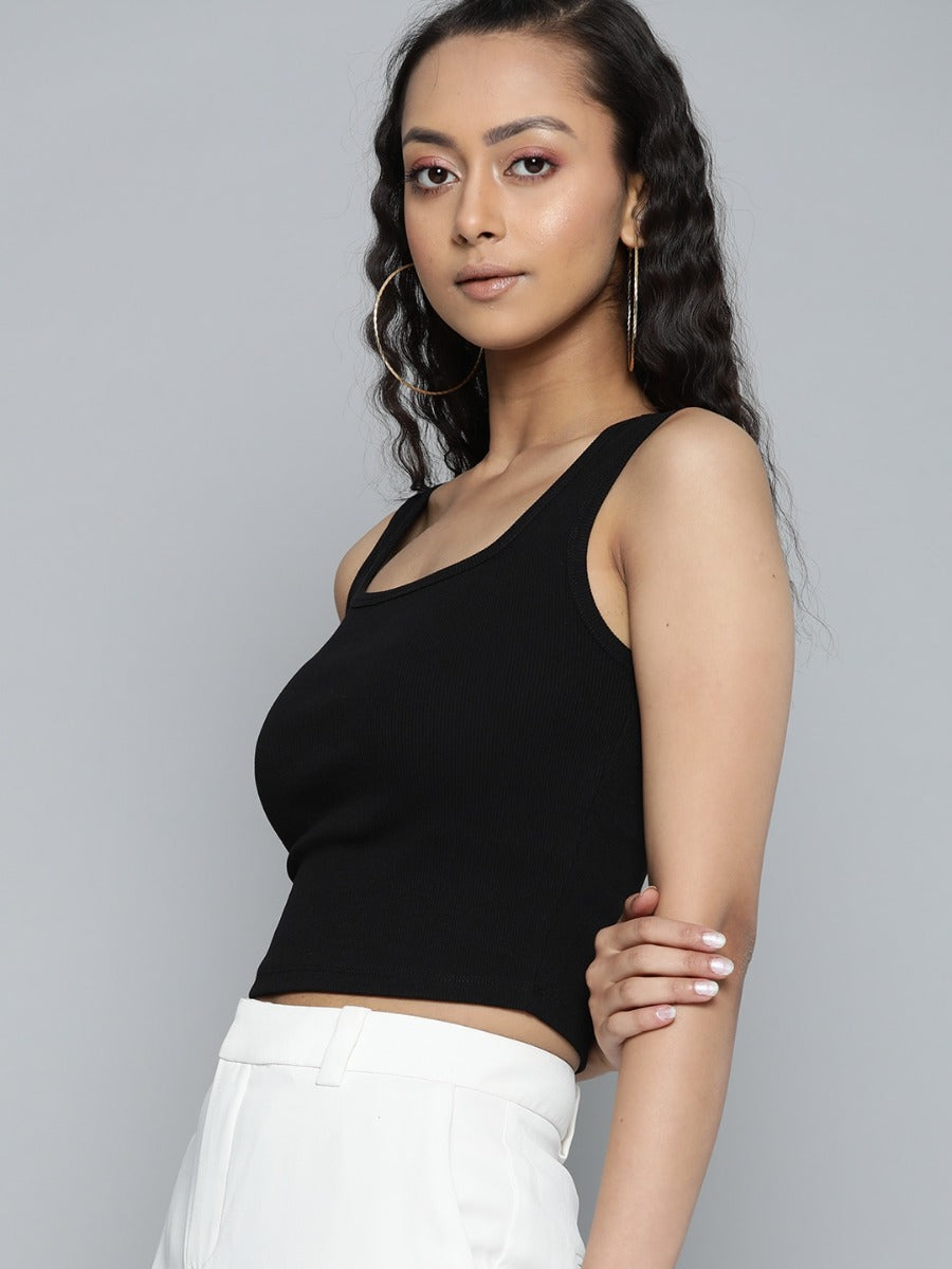 Uniqstop Black Solid Fitted Crop Top for Women