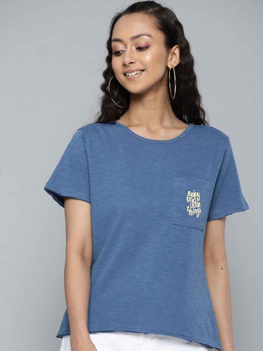 Uniqstop Blue Solid Printed Cotton T-shirt for Women