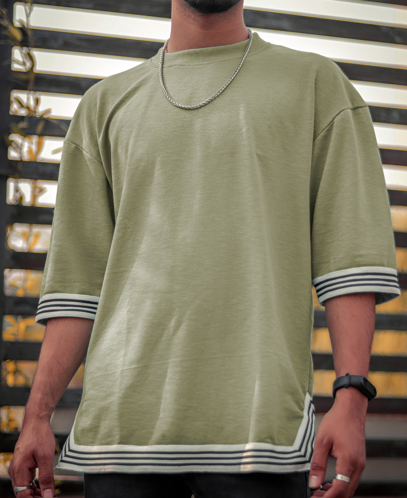 Power Look Men Light Green Oversize With Stripes Half Sleeves T Shirt