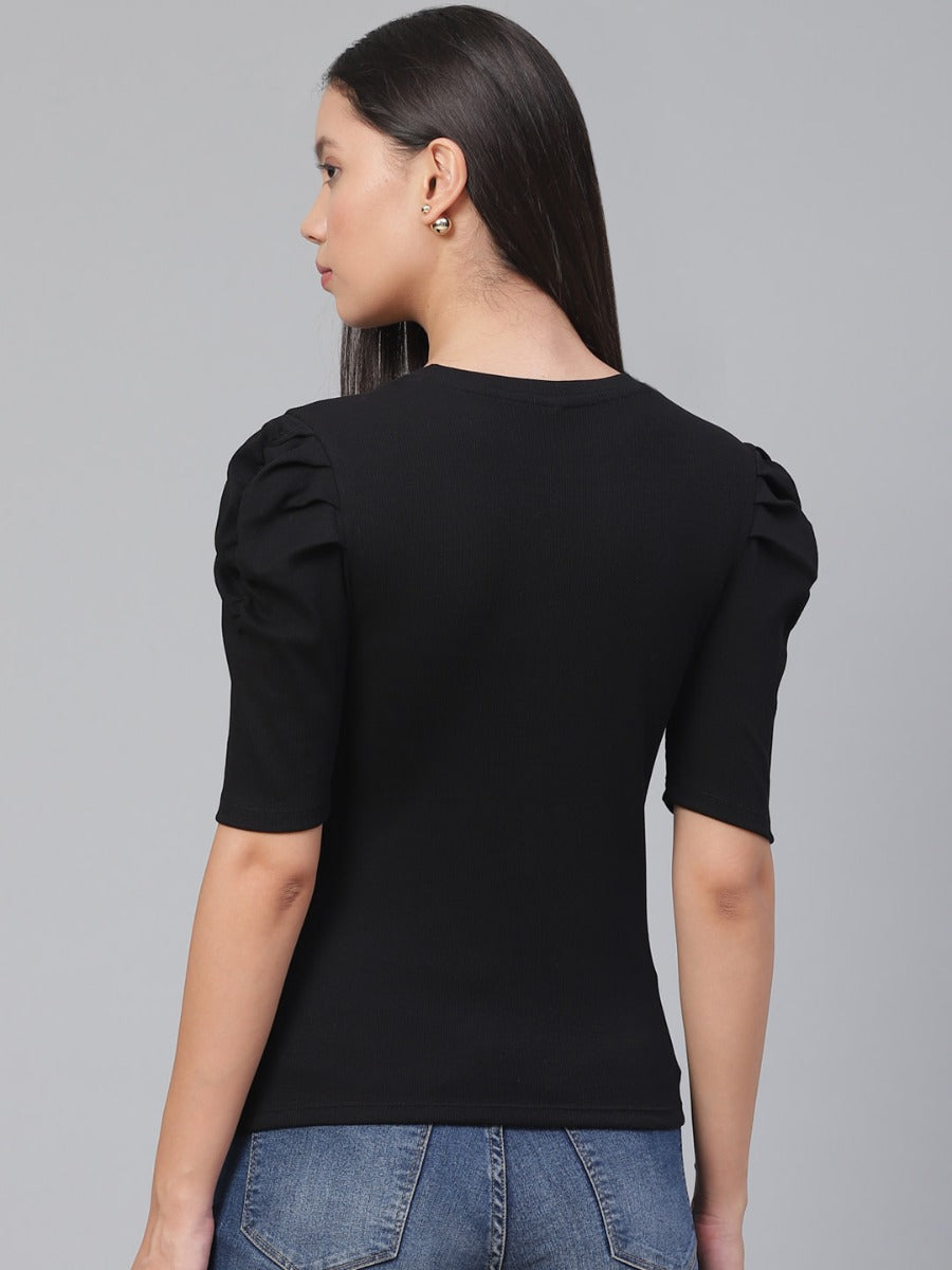 Uniqstop Women Black Solid Short Sleeve T-shirt