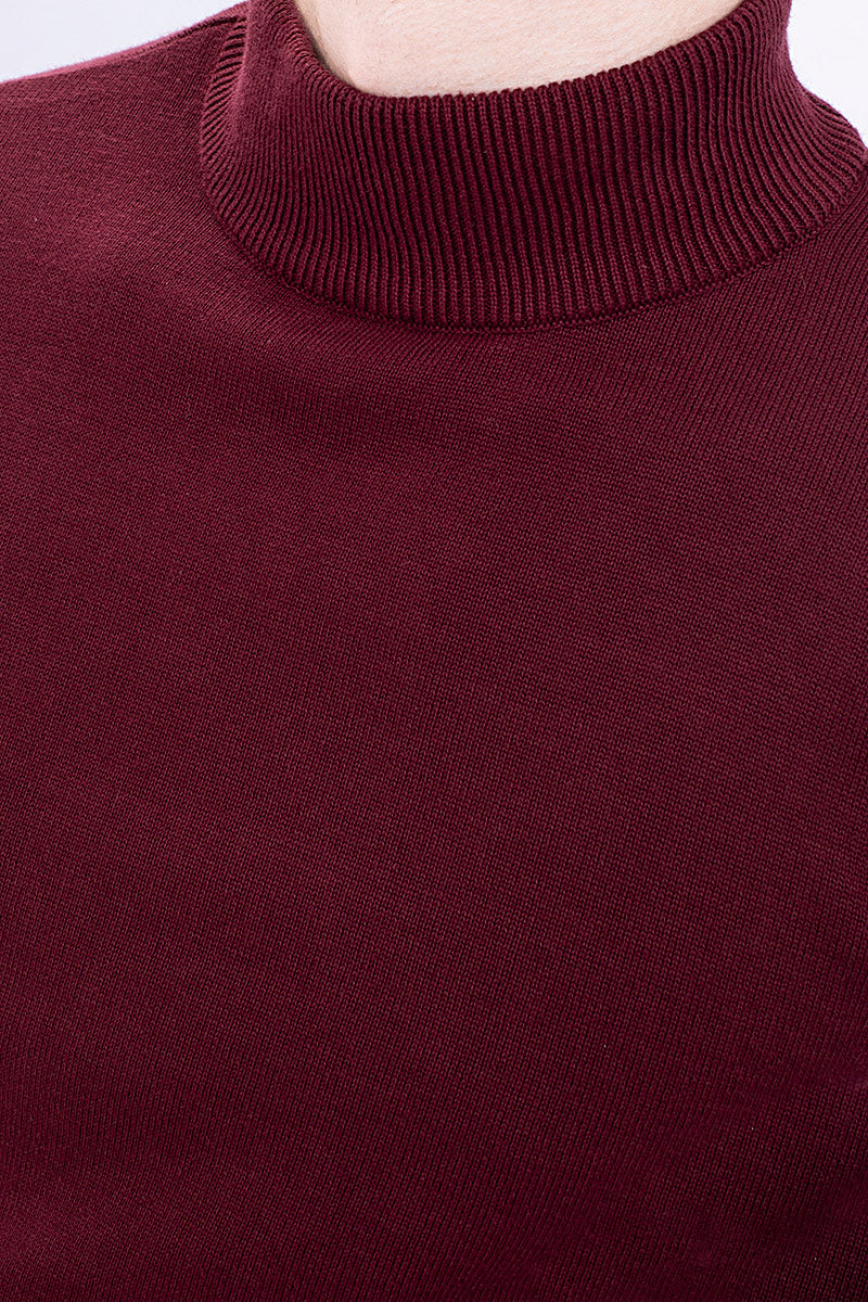 Snitch Maroon Solid Rib-Knit Turtle Neck Sweater