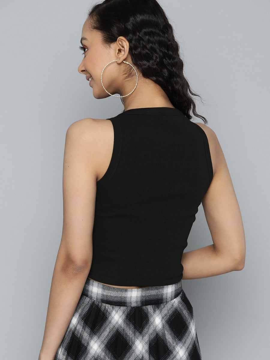 Uniqstop Women Black Solid Knitted Cut Out Crop Top