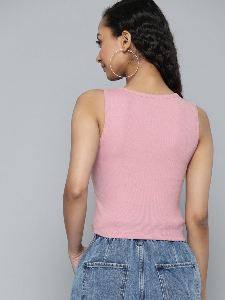 Uniqstop Pink Solid Knitted Crop Top for Women