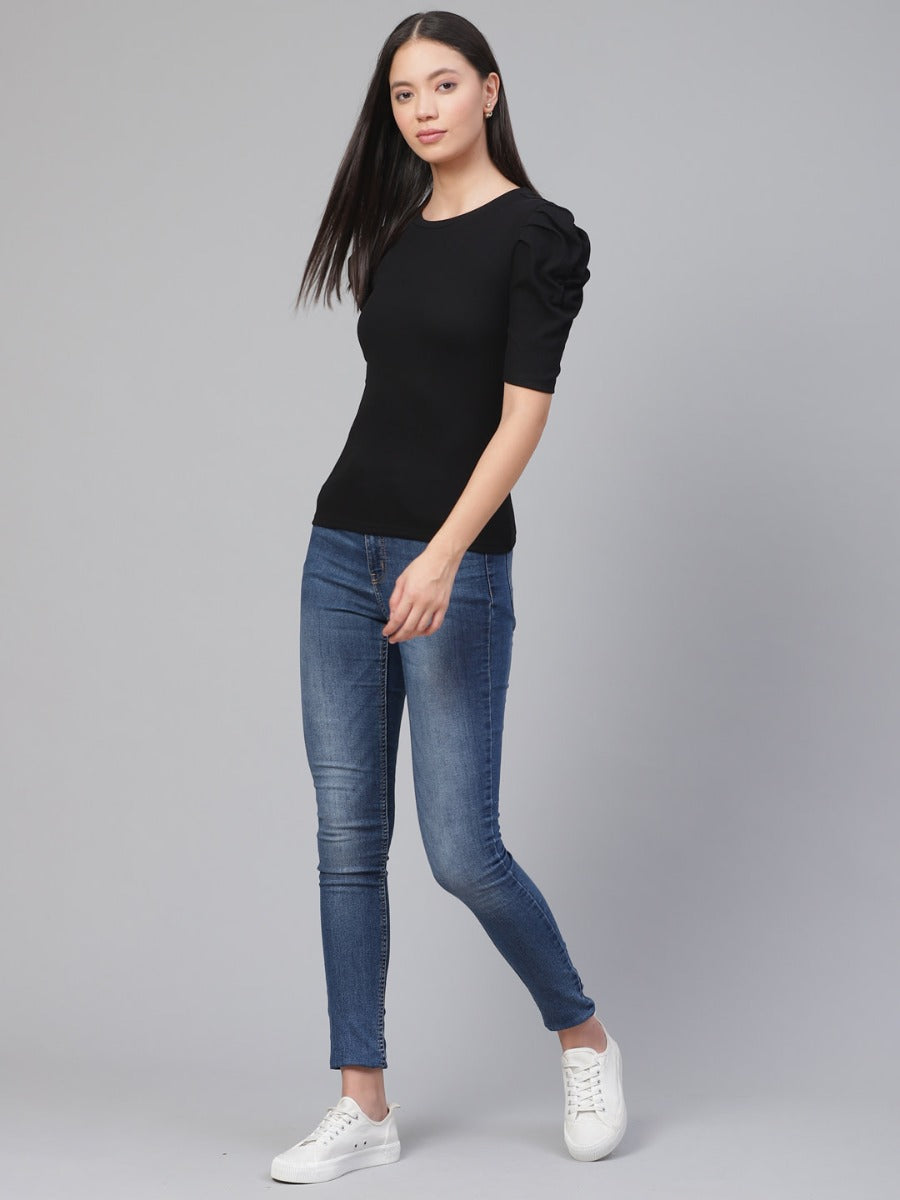 Uniqstop Women Black Solid Short Sleeve T-shirt