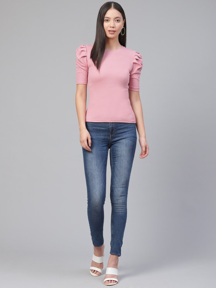 Uniqstop Pink Solid Cotton Regular Fit Women T-shirt