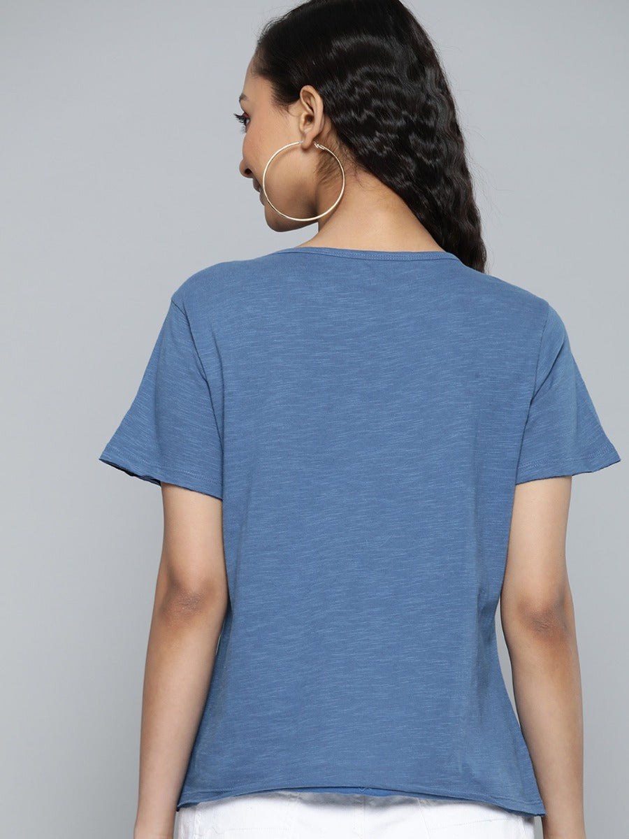 Uniqstop Blue Solid Printed Cotton T-shirt for Women