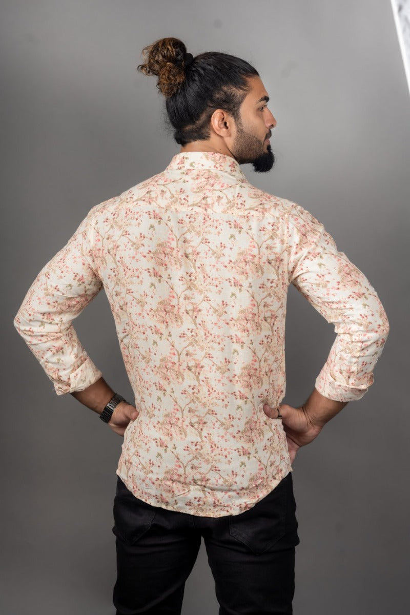 Huginn and Munnin Cream Printed Linen Full Sleeves Shirt for Men