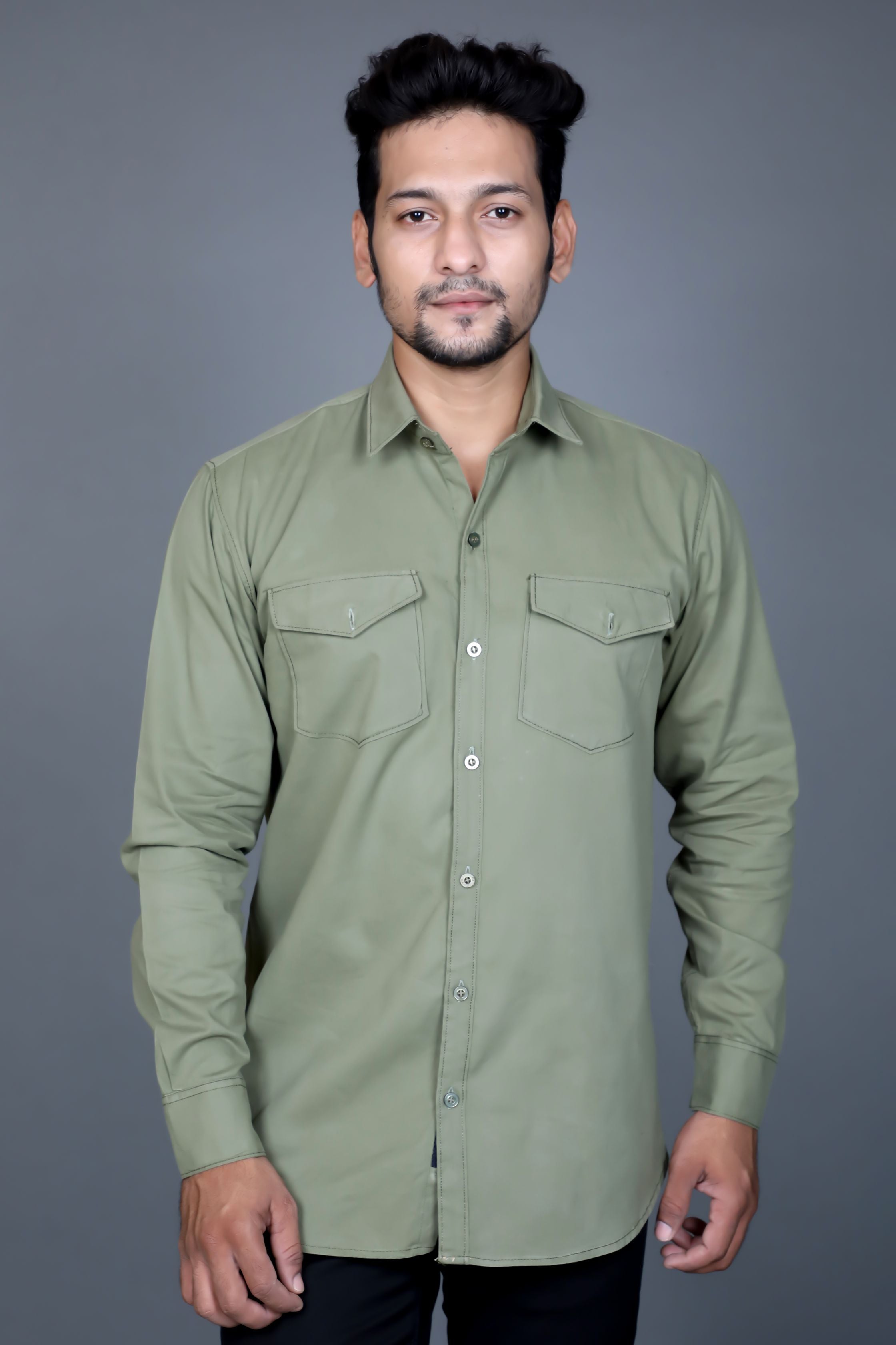 TJ Men's Olive Green Solid Casual Slender Fit Shirt with Dual Patch Pockets