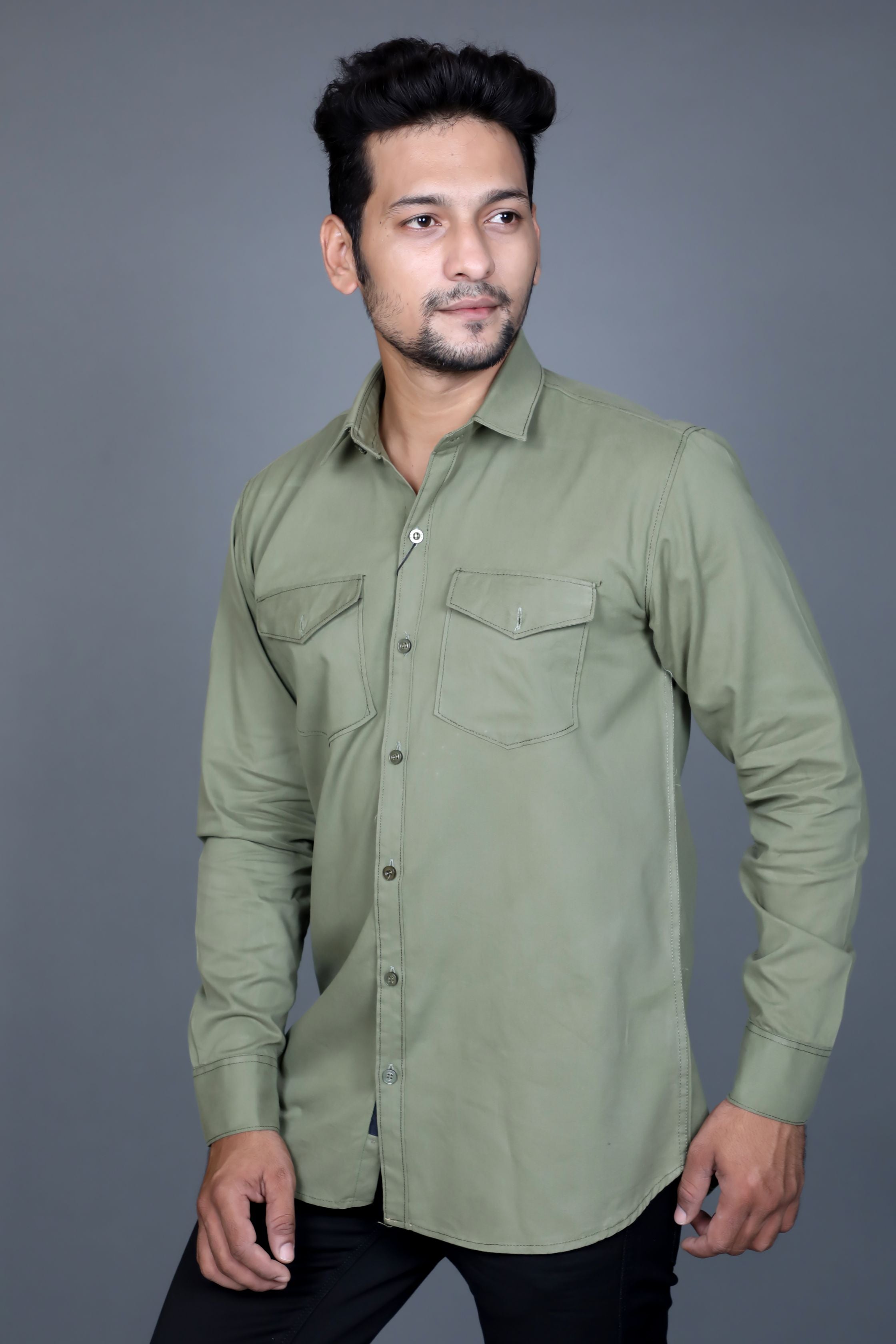 TJ Men's Olive Green Solid Casual Slender Fit Shirt with Dual Patch Pockets