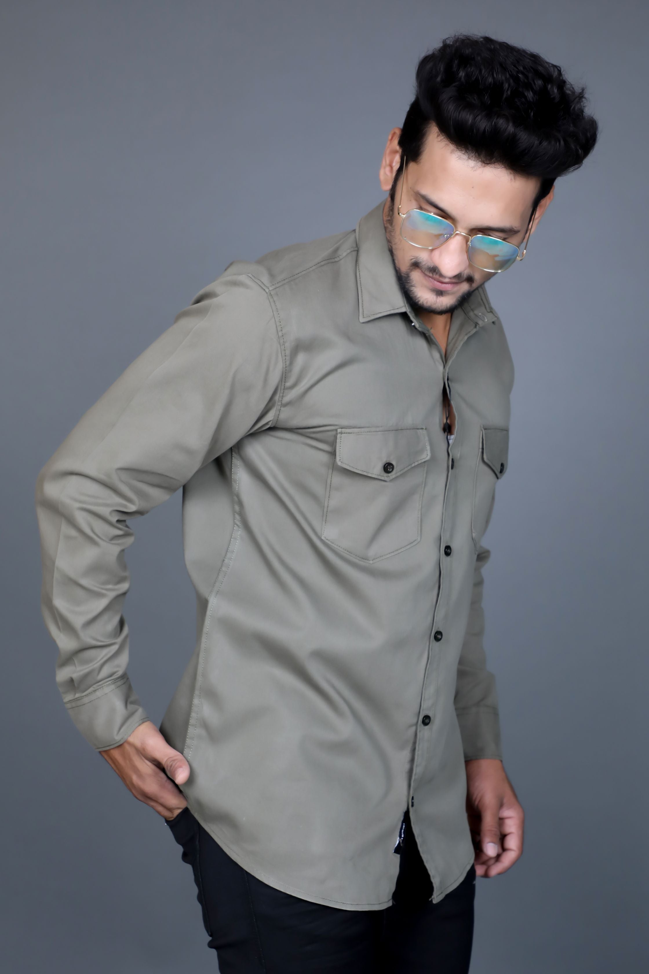 TJ'S Sage Green Lenin Blend Casual Slim Fit Shirt with Double Patch Pockets