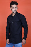 TJ Men Black Solid Slender Fit Casual Linen Shirt with Dual Pockets