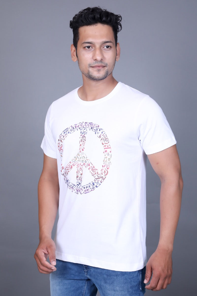 Tees Fashion White Peace Symbol Printed Half Sleeve T-shirt