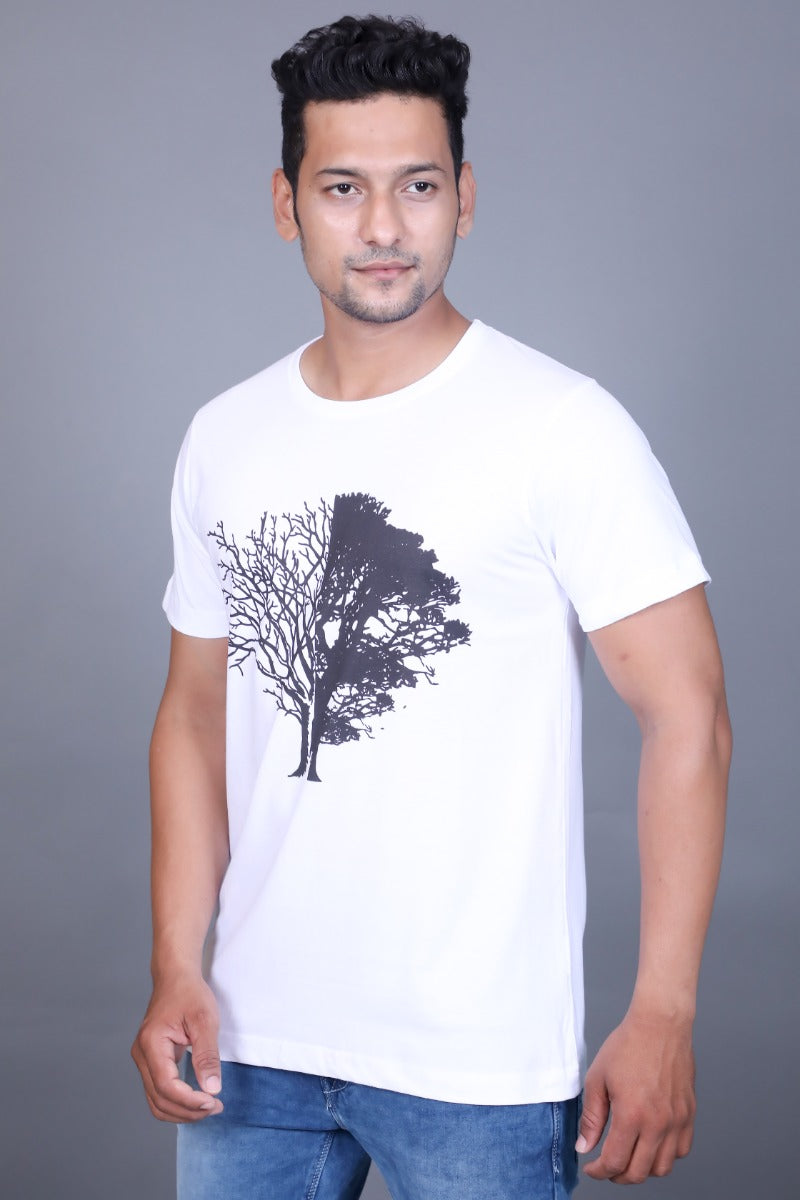 Tees Fashion White Tree Printed Half Sleeve T-shirt