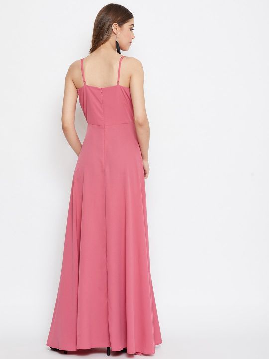 Berrylush Blush Pink Stylish Flared Front Slit Shoulder Strap Maxi Dress