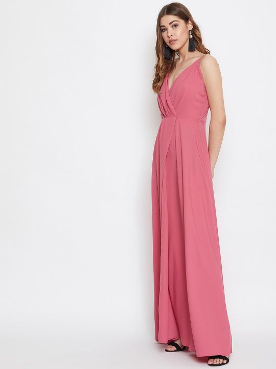 Berrylush Blush Pink Stylish Flared Front Slit Shoulder Strap Maxi Dress