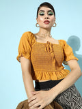 Berrylush Mustard Yellow Crepe Fitted Crop Top