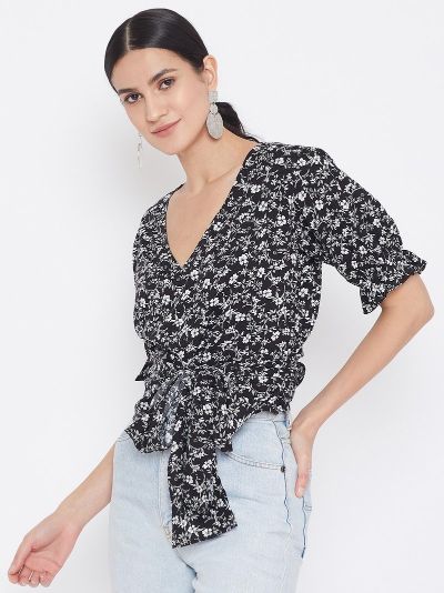 Berrylush Women Black and White Printed Puffed Sleeves Tie Knot Top
