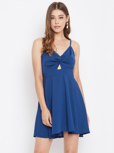 Berrylush Women Blue Solid Front Twist Knot Dress