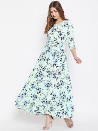 Berrylush Women Green Floral Print Tie-Waist Maxi Dress