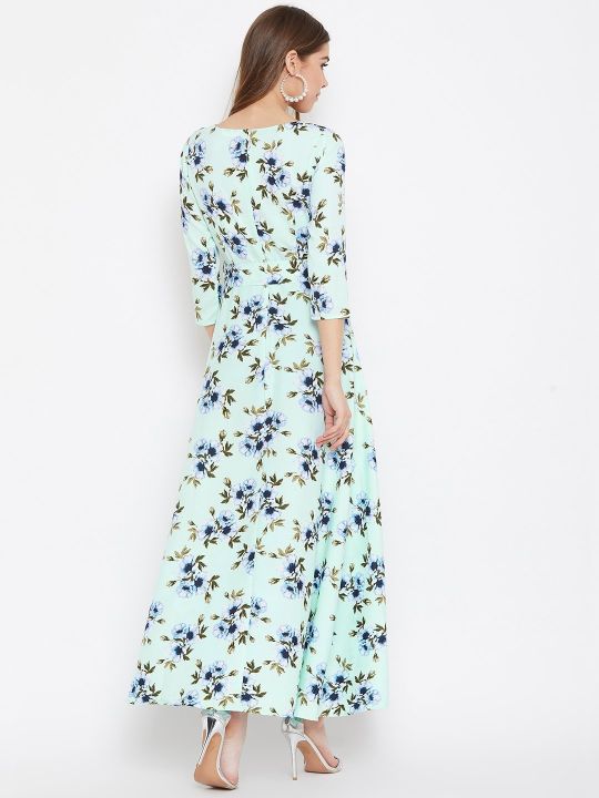 Berrylush Women Green Floral Print Tie-Waist Maxi Dress