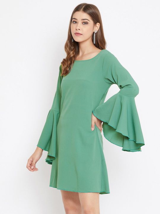 Berrylush Women Green Solid Flare Sleeves Dress