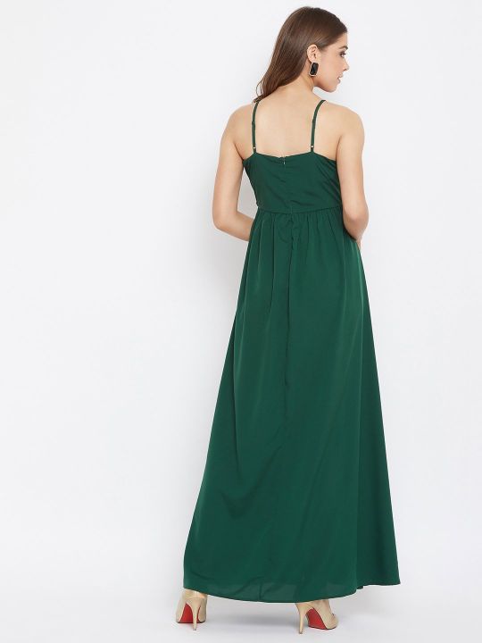 Berrylush Women Green Solid Ruched Bust Maxi Dress