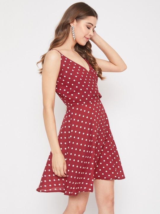 Berrylush Women Red Polka Dot Fit and Flare Dress