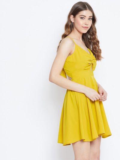 Berrylush Women Yellow Solid Front Twist Knot Dress