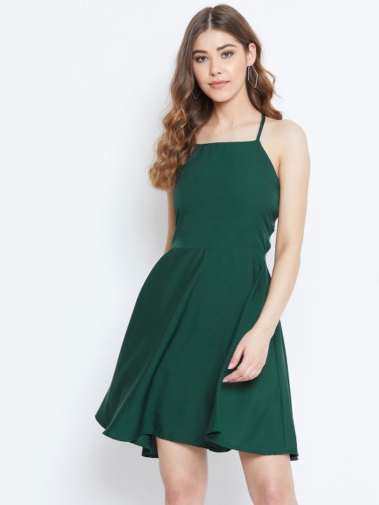 Berrylush Women Green Solid Stylish Back Mini dress