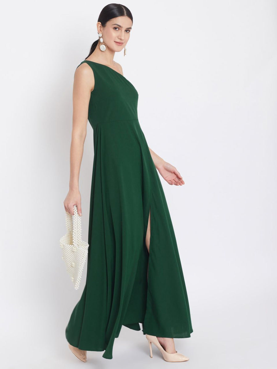 Berrylush One Shoulder Green Solid Maxi Dress for Women