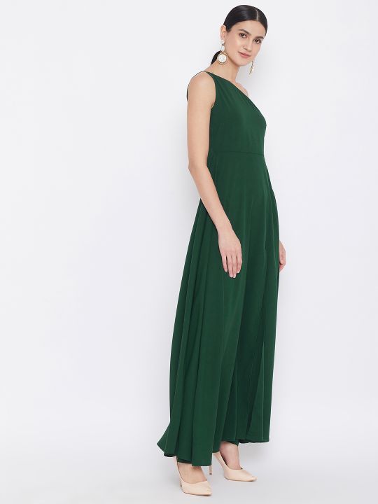 Berrylush One Shoulder Green Solid Maxi Dress for Women