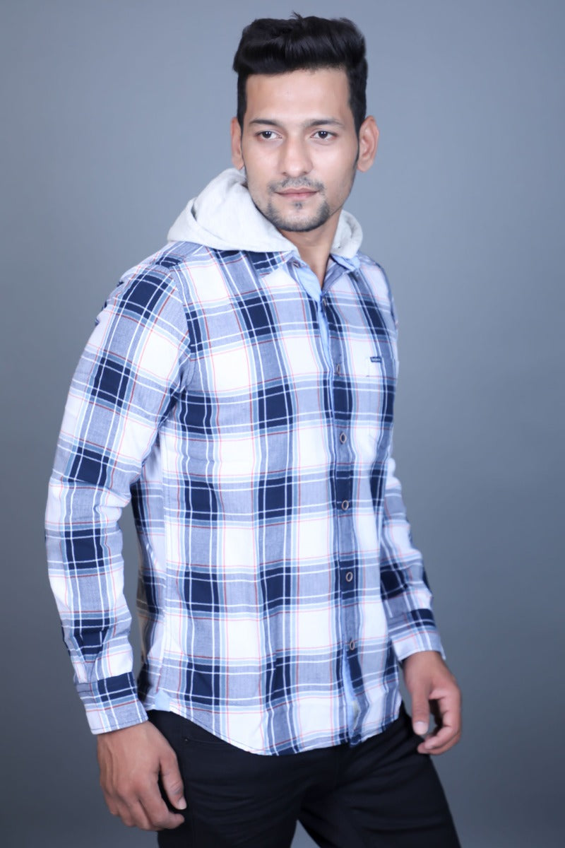 PEPE JEANS Men Classic White and Navy Blue Checked Hoodie Shirt