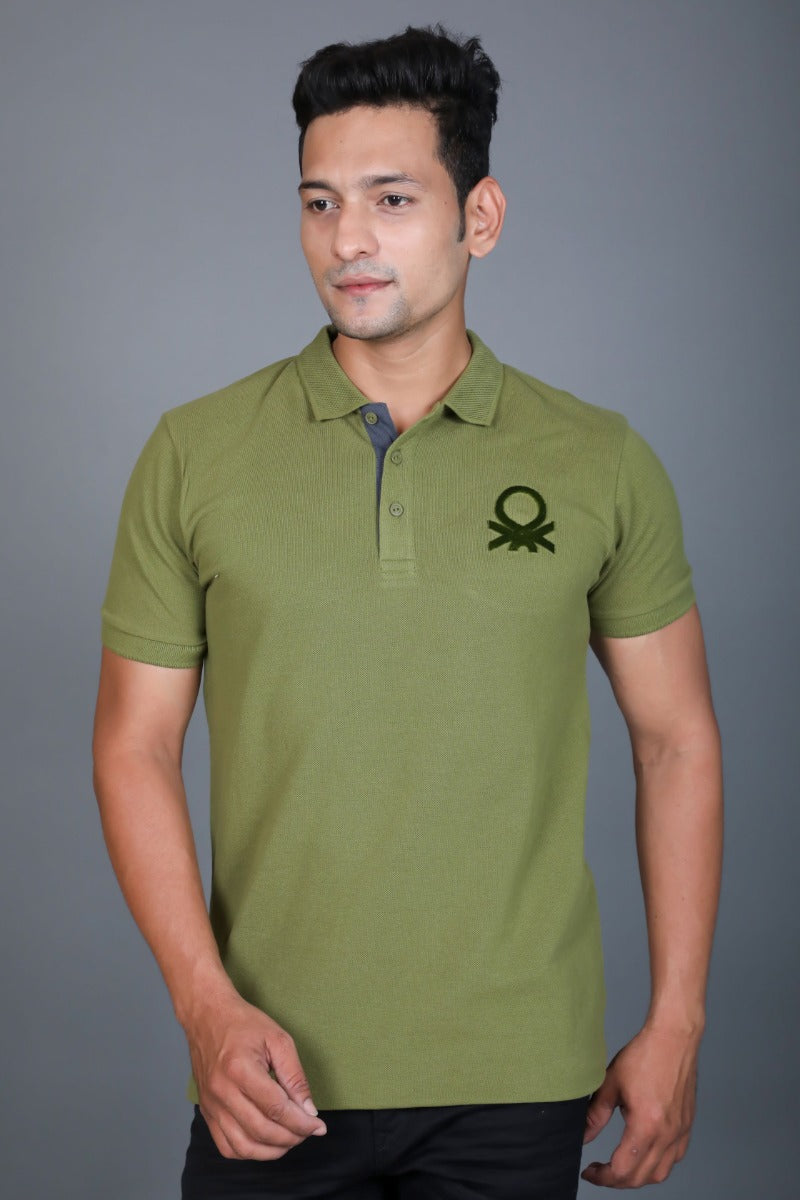 UCB Mens Olive Green Solid Polo Neck T-shirt