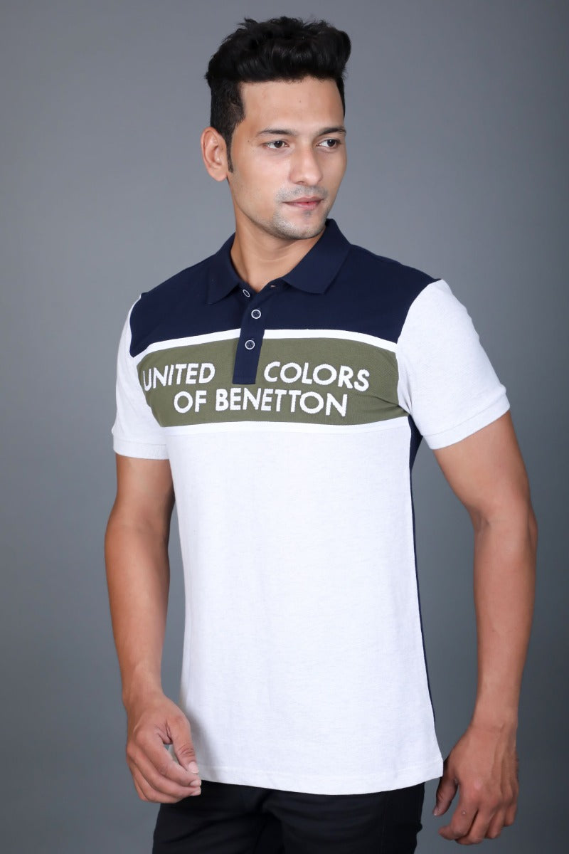UCB Men White and Navy Blue Printed Polo Neck T-shirt