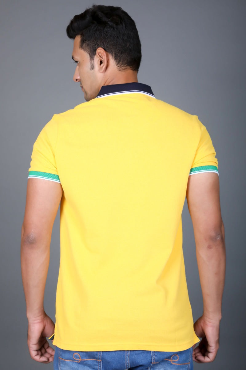 UCB Men Solid Yellow Polo Neck Casual T-shirt