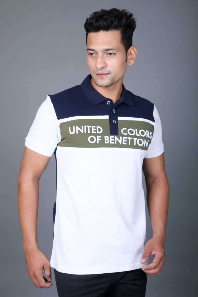 UCB Men White and Navy Blue Printed Polo Neck T-shirt