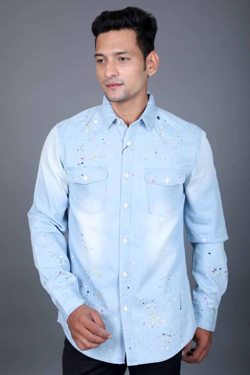 Vapour's Men Faded Light Blue Casual Shirt with Scattered Droplets Design