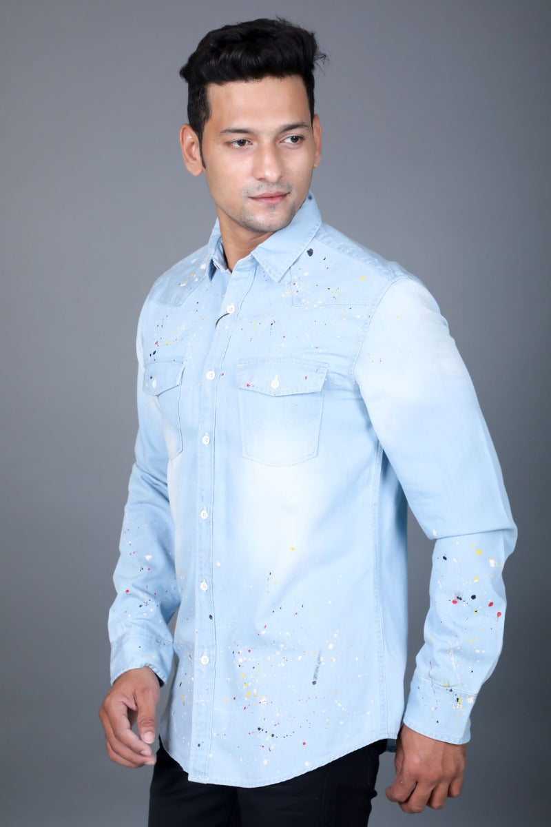 Vapour's Men Faded Light Blue Casual Shirt with Scattered Droplets Design
