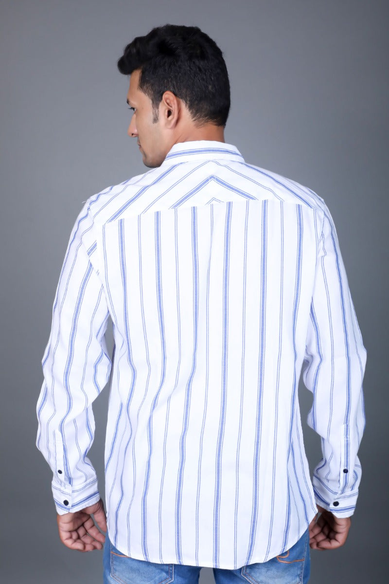 Vapour's Men Casual White Shirt with Blue Stripes