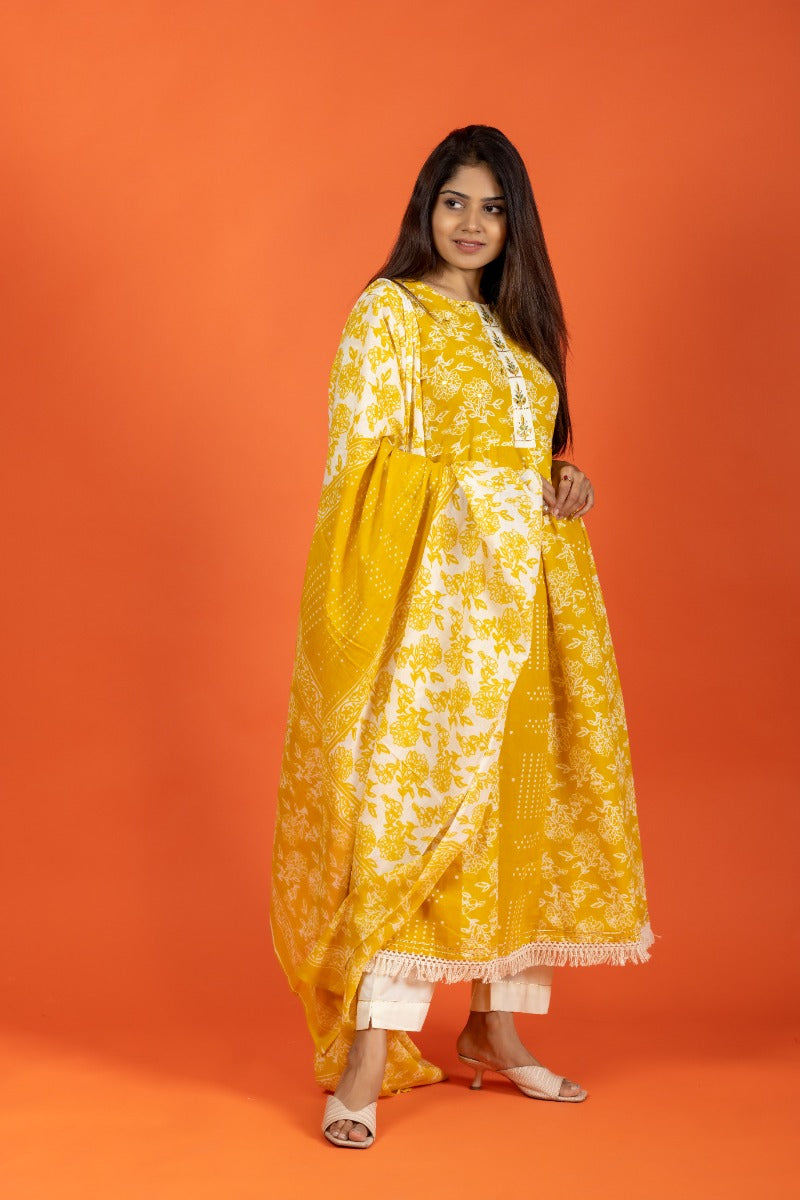 Kasak Bright Yellow and White Floral Printed Cotton A-line Kurta Set
